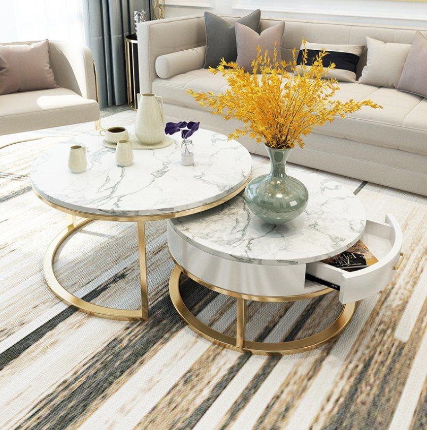 Modern Simple Home Tea Table Combination White Marble Top Metal Coffee Table with Drawer