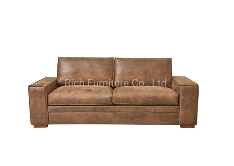 Vintage Retro Industrial Brown Couch Furniture Leather PU Cover Sofa with Wood Legs