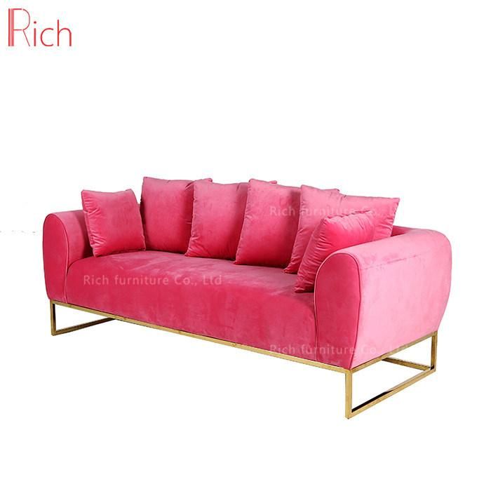 European Modern Home Furniture Living Room Fabric Velvet Sofa Set Leisure Couch Hotel Office Event Salon Armchair Sugar Pink Golden Base Three Seat 1+2+3seat