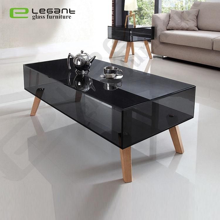 Living Room Modern Glass Small Side Table with Wood Leg