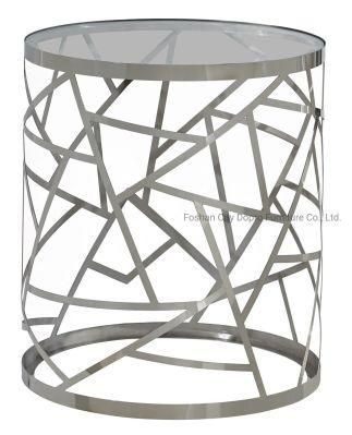 Silver Irregular Shape Stainless Steel Laser Side Table with Glass Top Fa10