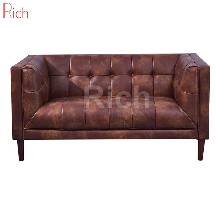 Modern Lounge Design Furniture Vintage Brown Leather Loveseat Couch Living Room Wooden Sofa