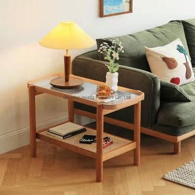 Japanese Living Room Furniture Solid Wood Rattan Glass Sofa Side Table