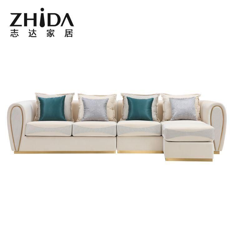 High-End European Style L Shape Sofa Couch 4/3/2/1 Luxury Stainless Steel Sofa Couch for High-Class Villa/ Resident/ Apartment