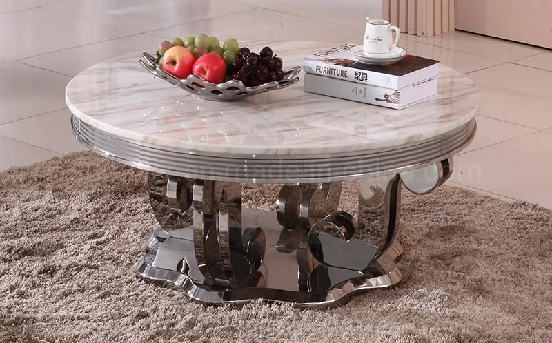 French Modern Stainless Steel Base Coffee Table Round