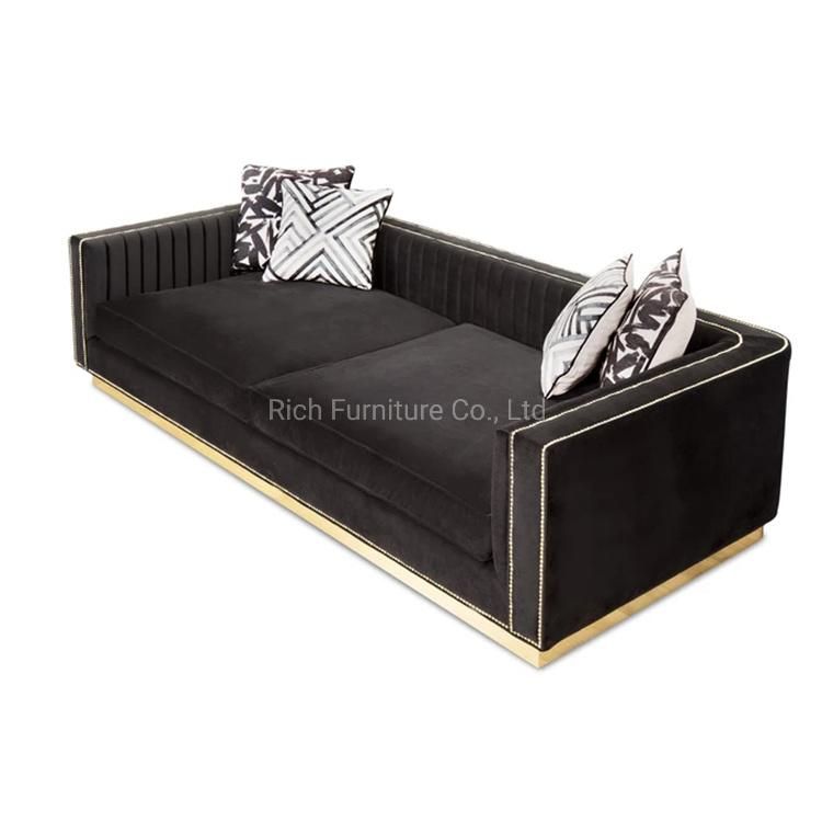 European Size Gold Metal Nail Design Couch Living Room Home Furniture Antique Retro Fabric Velvet Leisure Luxury Canape Hotel Sofa