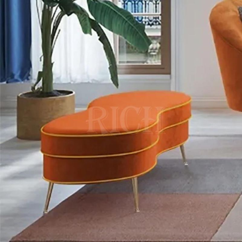 Orange Ottoman Upholstered Luxury Sofa Bench Gold Legs Entrance Stool Velvet Bench