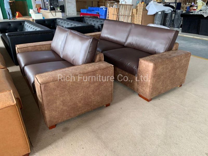 Vintage Retro Industrial Brown Couch Furniture Leather PU Cover Sofa with Wood Legs