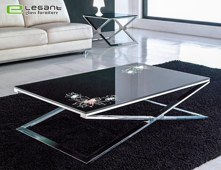 Modern Stainless Steel Based Leg Black Top Glass Coffee Table