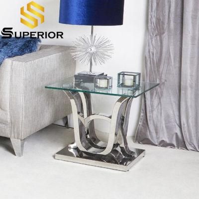 Coffee Shop Glass Top Silver Stainless Steel Side End Table