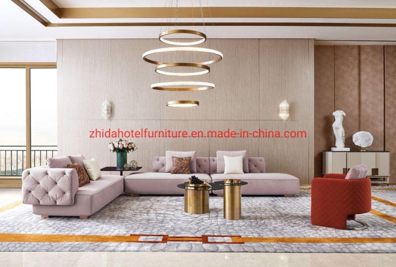 Zhida Luxury Hotel Lobby Chinese Furniture Villa Living Room Modular Button Design Fabric Sofa Set L Shape Sectional Sofa Couch