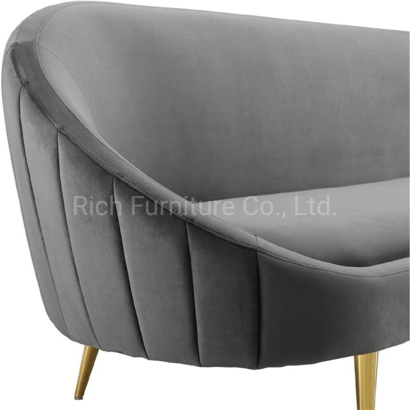 Factory Wholesale Leisure Living Room Grey Velvet Fabric Sofa with Gold Metal Legs