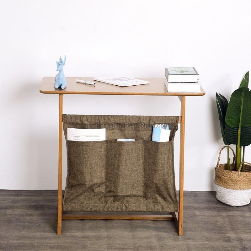 Bamboo Sofa Side Table with Storage Bags, Wood Console Laptop Desk, Writing Reading