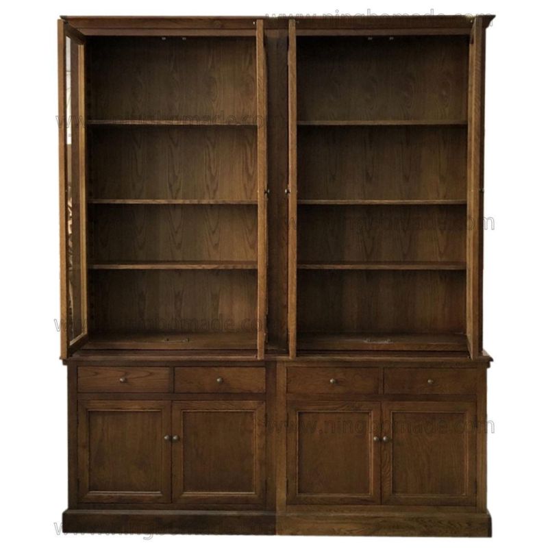 French Classic Provincial Vintage Furniture Coffee Brown Oak Two Glass Doors Hutch and Base Cabinet