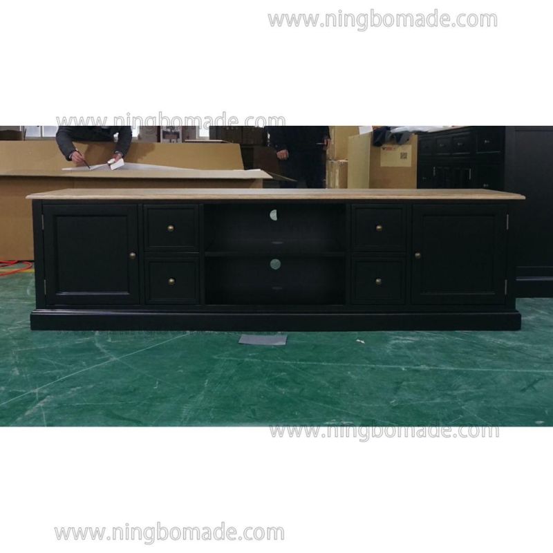 French Provincial Hunter Furniture Natural Oak Top Black Poplar Wood Base 4 Drawers 2 Doors TV Stand