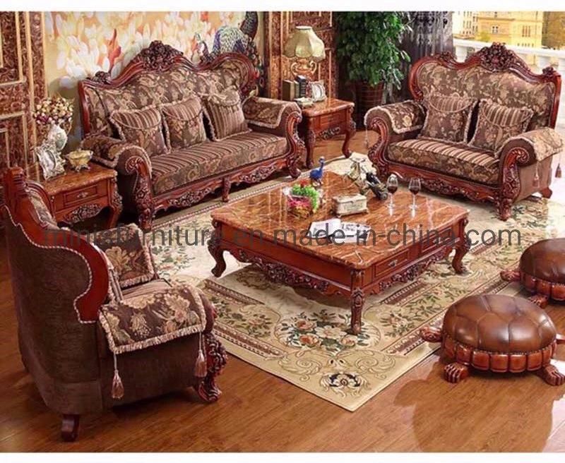 (MN-SF79) French Classic Home Living Room/Hotel Lounge Furniture Wood Fabric Sofa Set