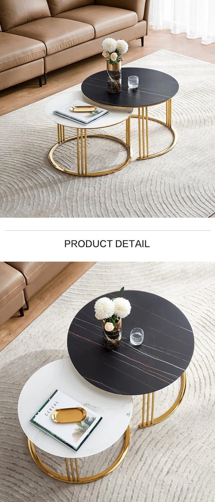 Linsy Luxury Designer Round Black Gold Steel Marble Coffee Table Dz3l