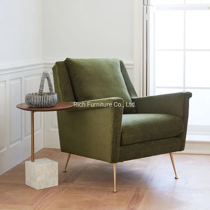 Simple Style Luxury Single Sofa Chair Green Fabric Cover Leisure Sofa Hotel Restaurant Armrest Sofa with Metal Legs