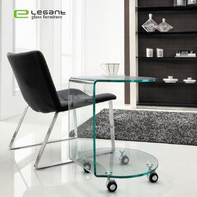 Office C Shape Round Wheels Bent Glass Side Table