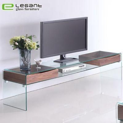 Glass LCD TV Stand with Walnut Wood Veneer Drawers