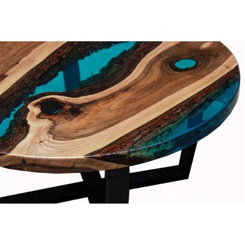 Industrial Blue Epoxy Resin Coffee Table Round Live Edge Table