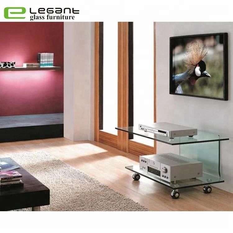 Bent Glass TV Stand with Wheels in Clear Color