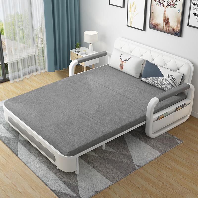 Metal Armrest Living Room 2 Seat Sofa Light Gray Folding Extendable to General Bed Sofa Cum Bed