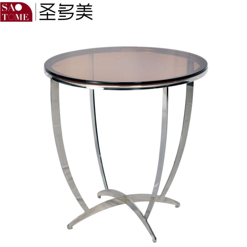 Stainless Steel Black Glass Round End Table Next to The Sofa in The Modern and Popular Living Room