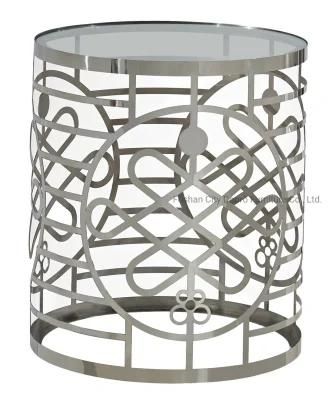 Intricate Pattern Laser Stainless Steel Side Table W/ Glass Top Fa03