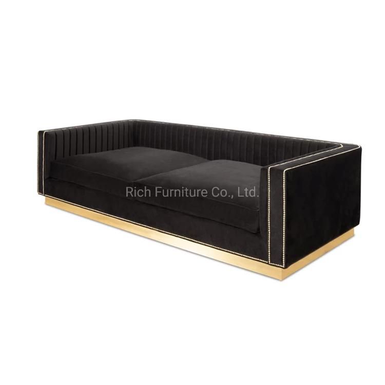 European Size Gold Metal Nail Design Couch Living Room Home Furniture Antique Retro Fabric Velvet Leisure Luxury Canape Hotel Sofa