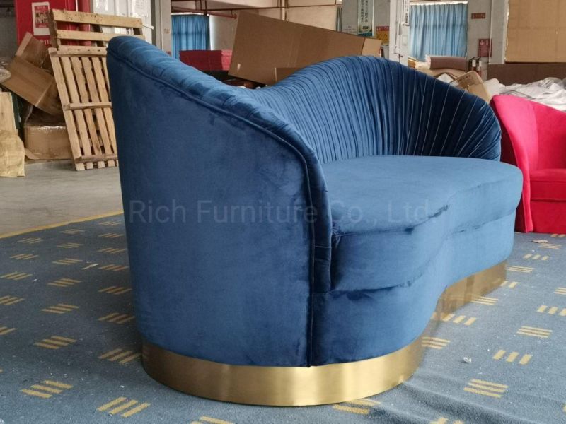 Modern Hotel Pleating Blue Velvet 3 Seat Lounge Sofa with Golden Base Living Room Home Furniture Pleated Couch