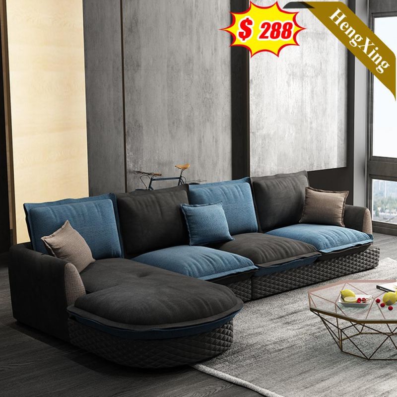 Luxury Hotel Outdoor Living Room Rattan Sofas Blue Fabric and Gray PU L Shape Sofa