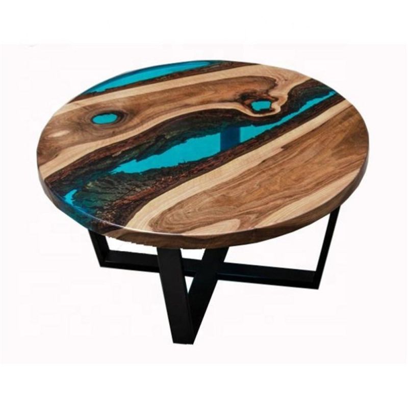 Industrial Blue Epoxy Resin Coffee Table Round Live Edge Table