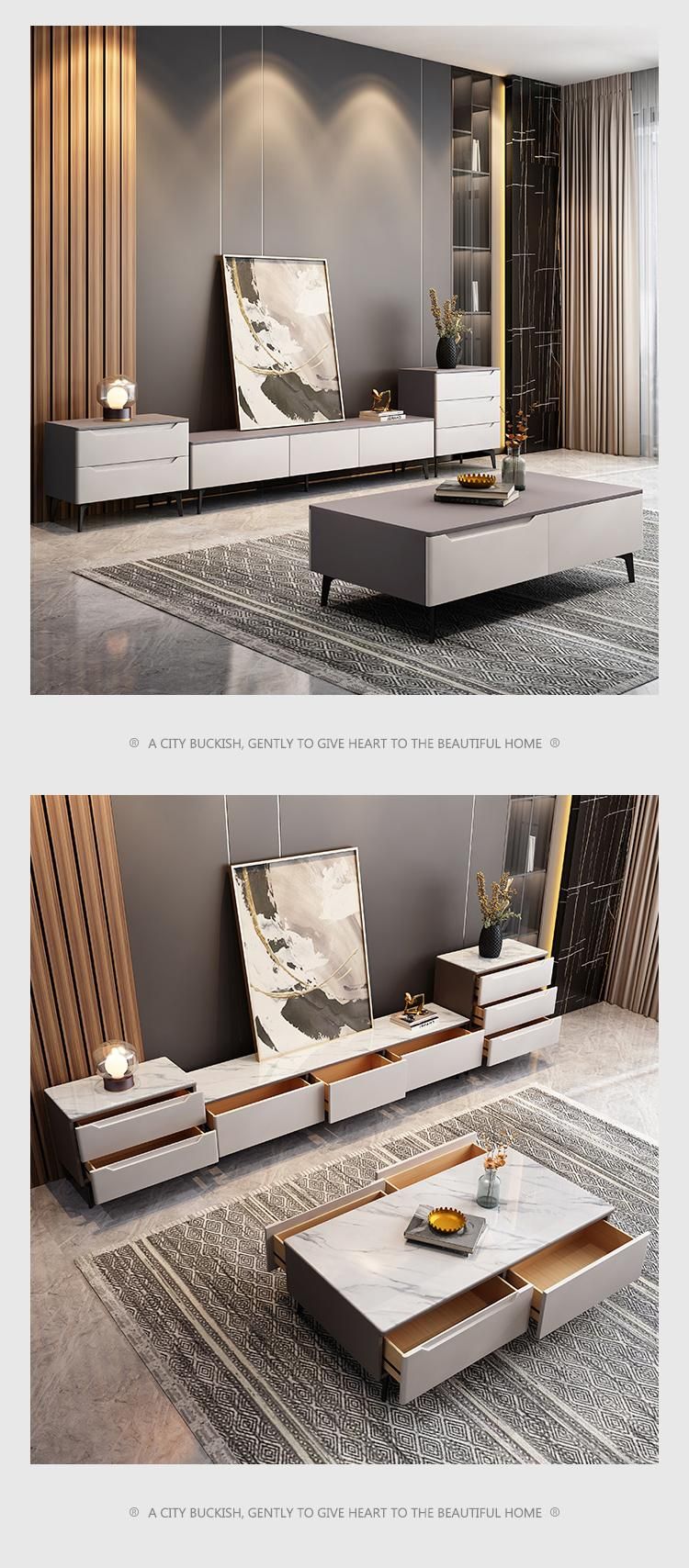 Modern Soild Wood Drawers Marble Top Metal Stainless Steel Base TV Stand