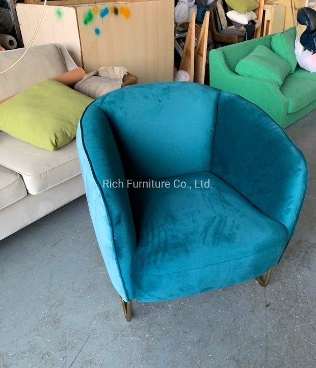 Leisure Hotel Event Home Furniture Modern Gold Metal Frame Arm Chair Blue Fabric Velvet Accent Chair