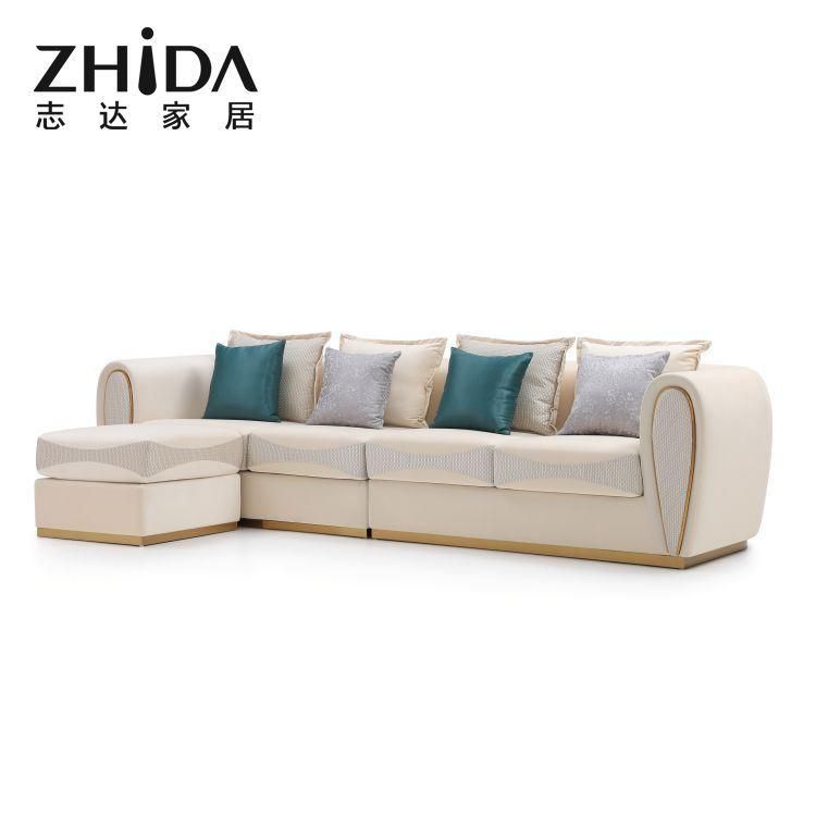 High-End European Style L Shape Sofa Couch 4/3/2/1 Luxury Stainless Steel Sofa Couch for High-Class Villa/ Resident/ Apartment