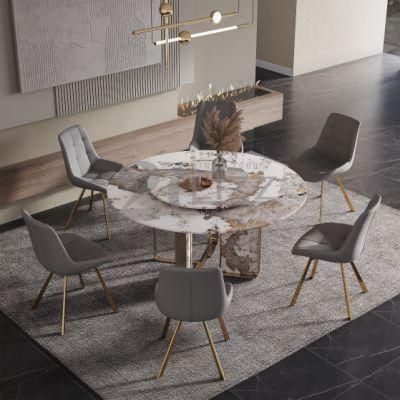 Luxury Living Room Furniture Set Home Hotel Restaurant Leisure Dining Set Rock Panel Marble Top Dining Table with Simple Leather Chairs