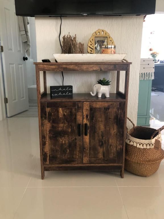 Living Room with 2 Doors and Adjustable Shelves Rustic Brown Floor-Standing Drawer Cabinet 0223