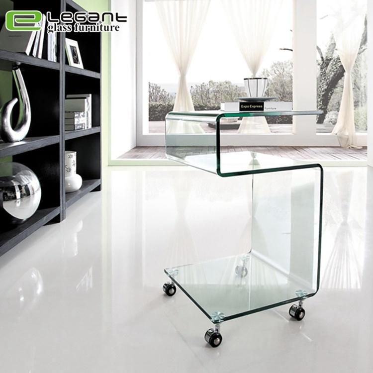 Bent Glass Side Table with Wheels