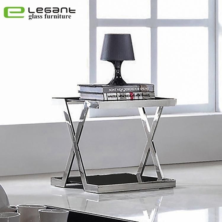 Modern Bent Glass Sofa Table with Stainless Steel Base