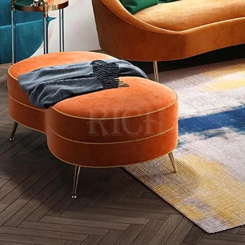 Orange Ottoman Upholstered Luxury Sofa Bench Gold Legs Entrance Stool Velvet Bench