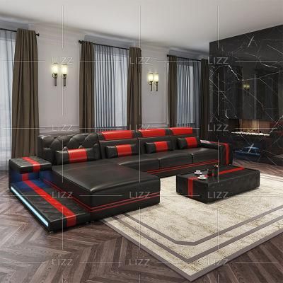 Factory High End Modern Home Hotel Living Room L Shape Leather Sofa with LED Light &amp; Coffee Table