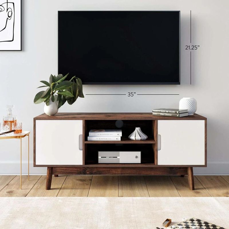 White&Walnut Brown TV Stand Desk with Cabinet Doors