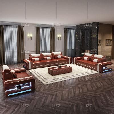 High Quality Contemporary LED Real Leather Sectional Sofa Set Nordic Modern Wooden Home Furniture