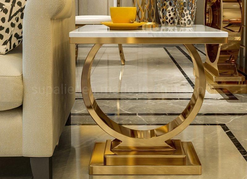 China Royal Gold Base Marble Square Corner Side Table