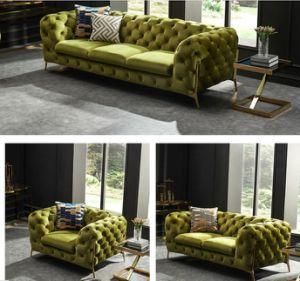 Royal Commercial Luxury Chesterfield Velvet Fabric Sofa Chair Furniture with Stainless Steel Legs