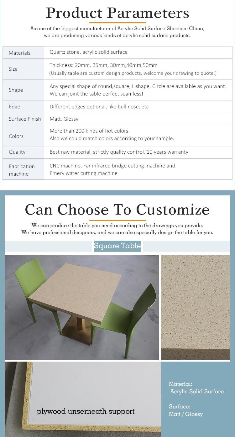 Kkr Custmozied Coffee Restaurant Table Acrylic Solid Surface Table Tops Quartz Stone Top Dining Table