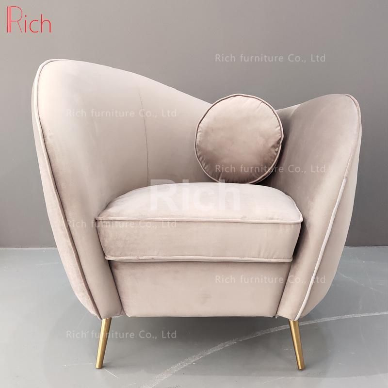 European Single Grey Velvet Fabric Living Room Furniture Gold Stainless Steel Legs Sofa