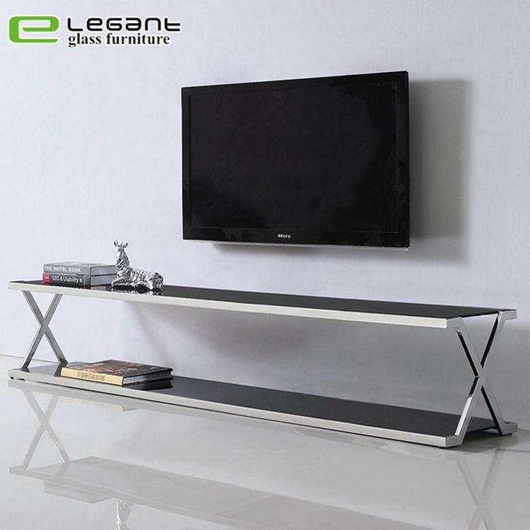 Modern Bent Glass TV Stand with Stainless Steel Base