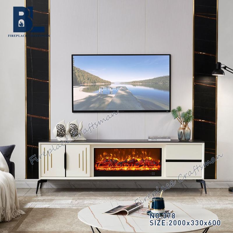 Home Appliance White Wooden Cabinet Black Marble TV Stand with Wood Burning Electric Fireplace for Living Room Furniture